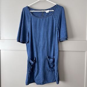 Cooperative Chambray Denim Mini Dress Women Medium Flutter Sleeve Pocket Scoop